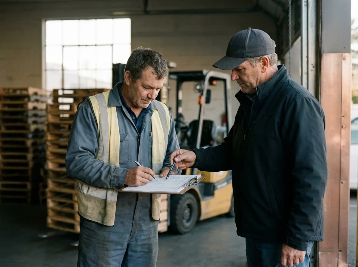 A forklift operator in a hi-vis vest fills out an incident report on a clipboard as his supervisor points to a line on the form.