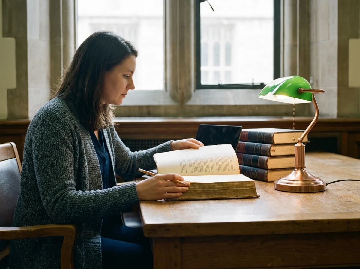 A legal researcher reads a statute book at a library table.