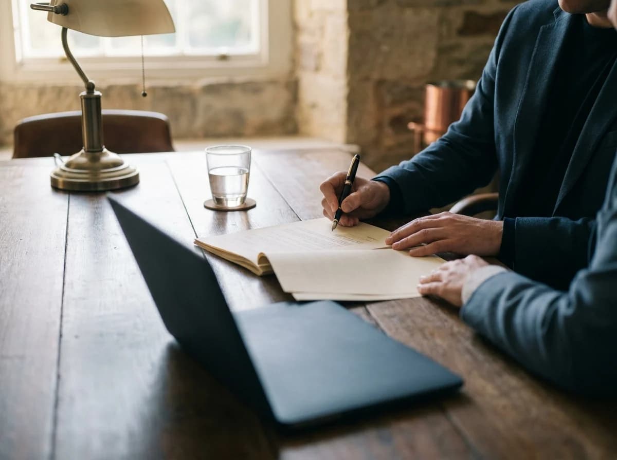 A hand signs a document with a fountain pen at a long wooden table beside a brass desk lamp and a glass of water.