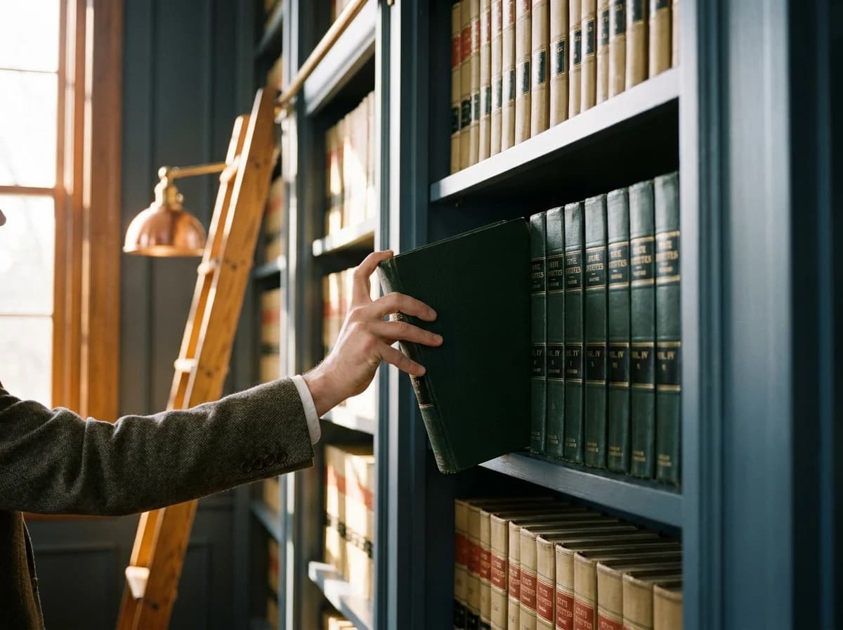 A hand pulls a dark green bound volume of state statutes from a long shelf of law books in a library.