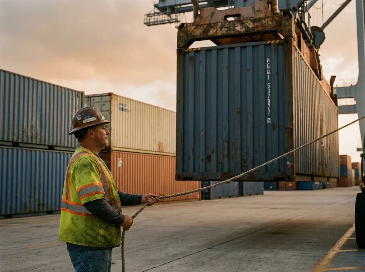 A longshoreman in a hi-vis vest guides a hanging cargo container with a tag line at a Tampa port in the late afternoon.