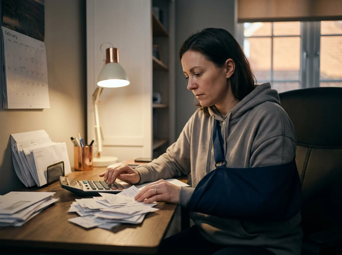 A woman with her arm in a sling sorts pay stubs with a desk calculator.