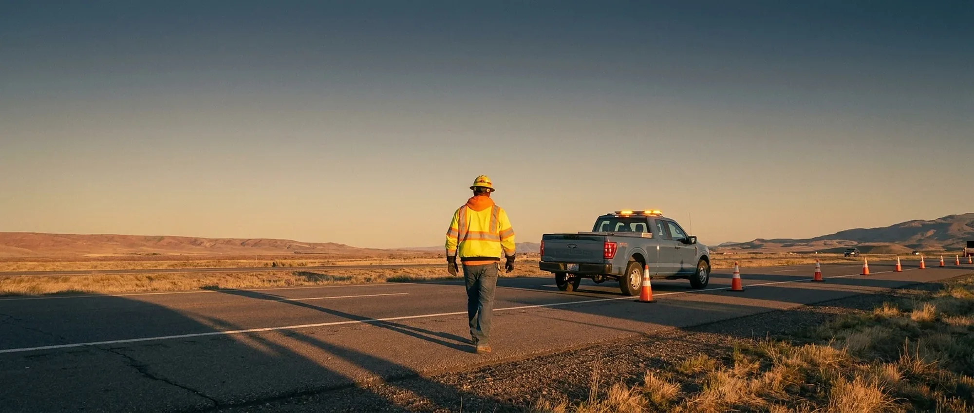 A road crew worker walks along a highway shoulder toward orange cones at golden hour.