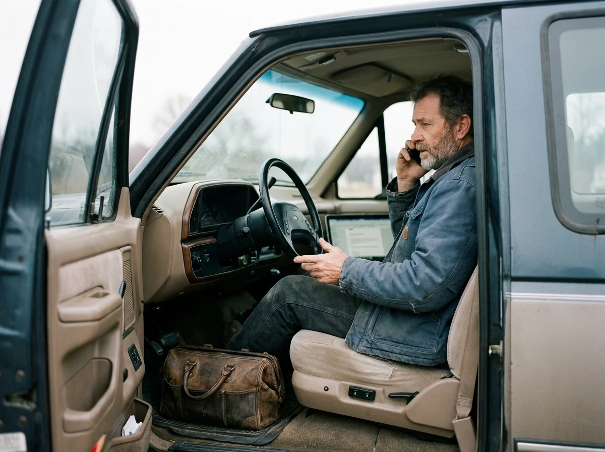 An electrician on the phone in his parked pickup truck with a laptop open.