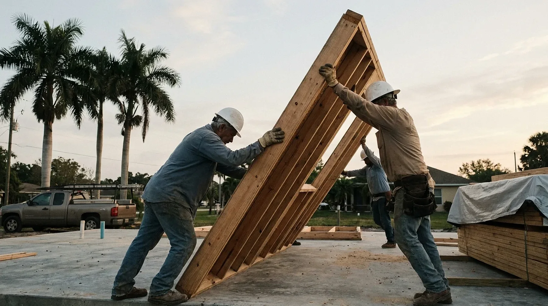 Two framing carpenters tilt a new wooden wall into place on a Florida job site at dawn.