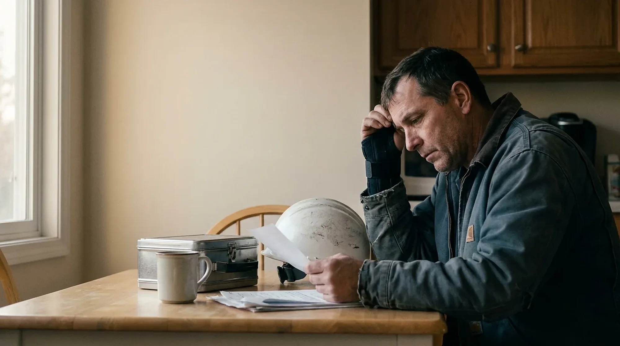 A construction worker with a wrist brace reads an insurance letter at his kitchen table at dusk.
