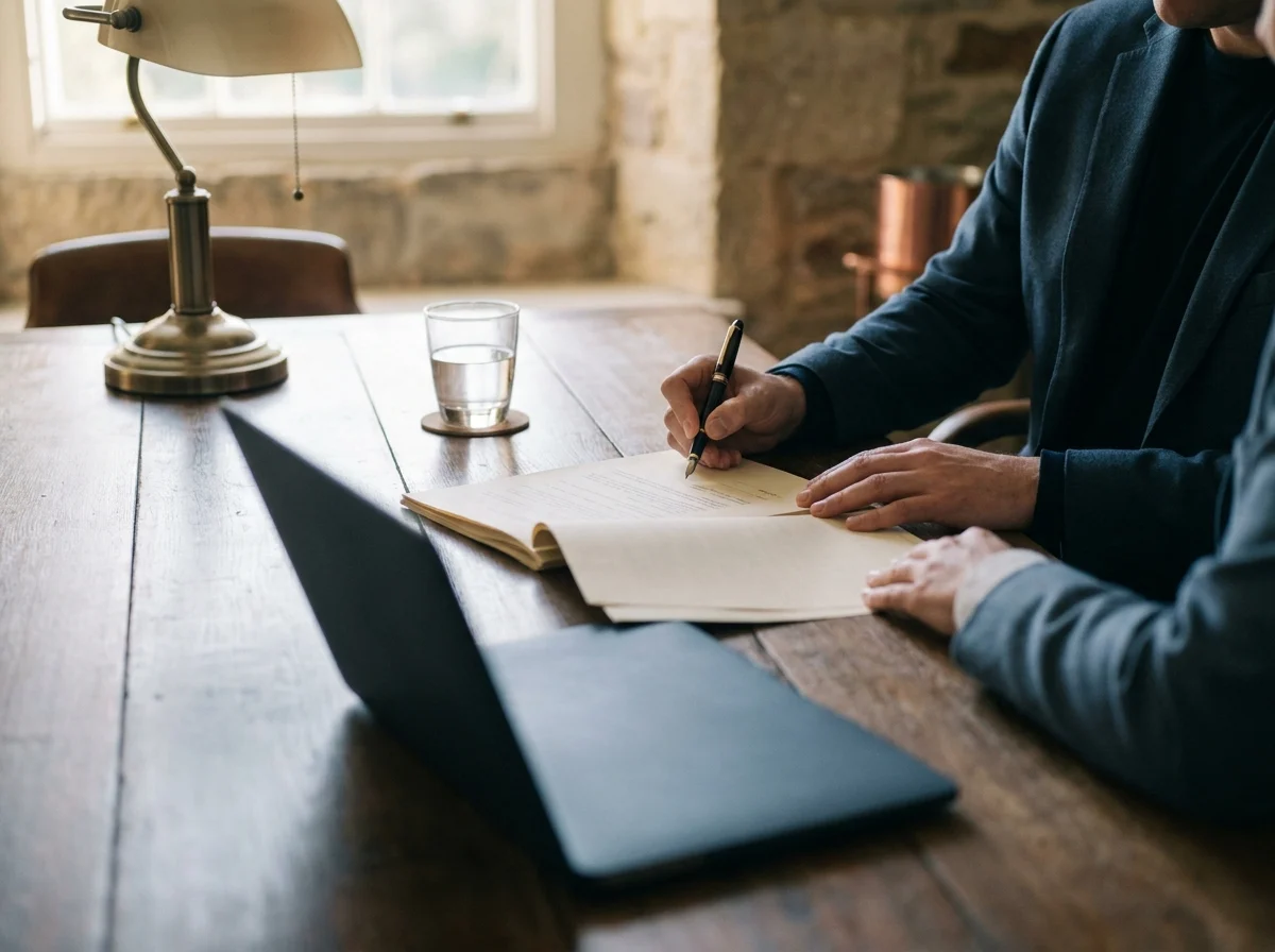 A hand signs a document with a fountain pen beside a brass lamp.